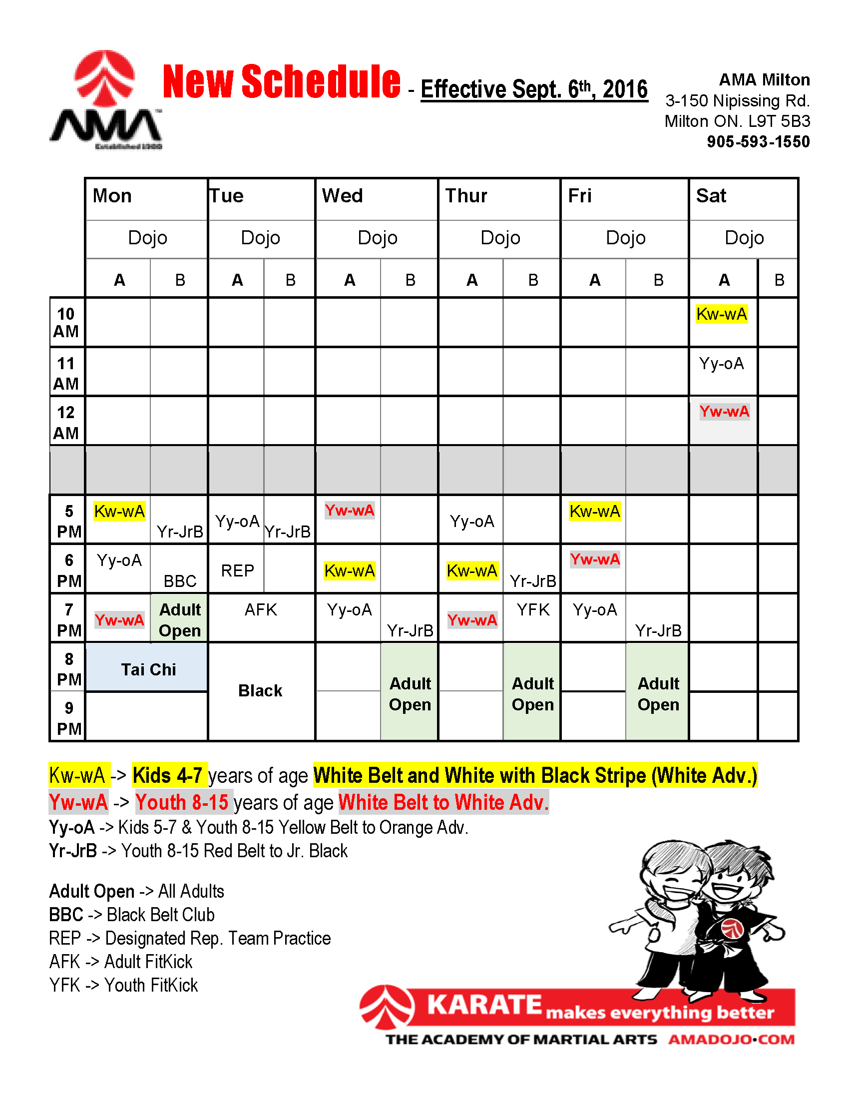 AMA Milton Class Schedule