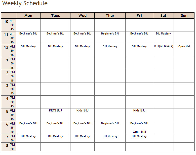 Beginner's schedule at Buffalo Brazilian Jiu-Jitsu Academy, Buffalo