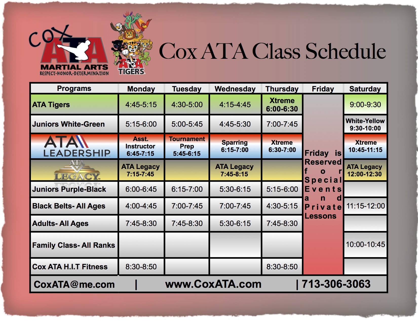 Our Schedule Cox ATA Martial Arts In Magnolia